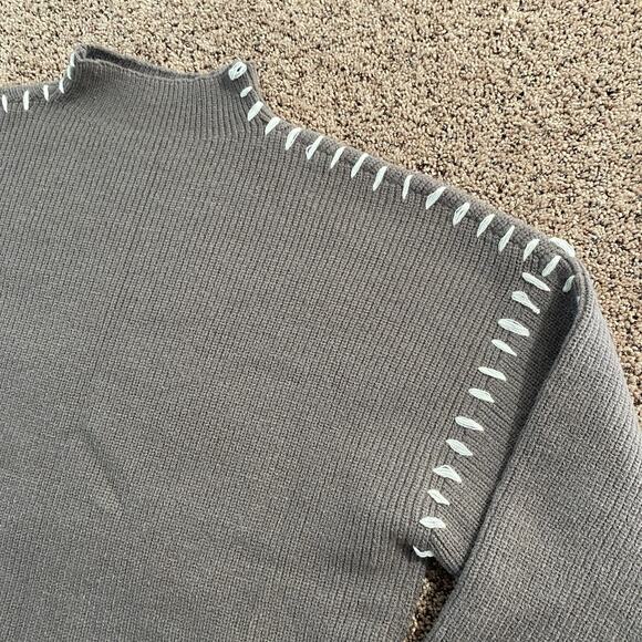 Commense Sweater Womens XL Gray Mock Neck Chunky Knit Contrast Stitch Pullover - Picture 3 of 7